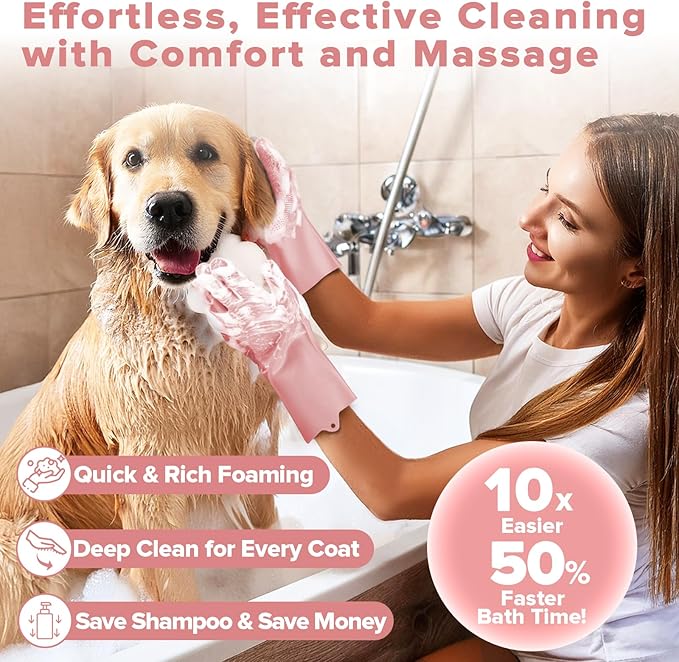 6PCS Pet Grooming Kit for Dogs,Cats and Horses | Dog Washing Gloves | Dog Bath Brush | Dog Bath Gloves | Dog Shampoo Brush | Pet Grooming Gloves | Dog Bath Supplies (Light Pink)