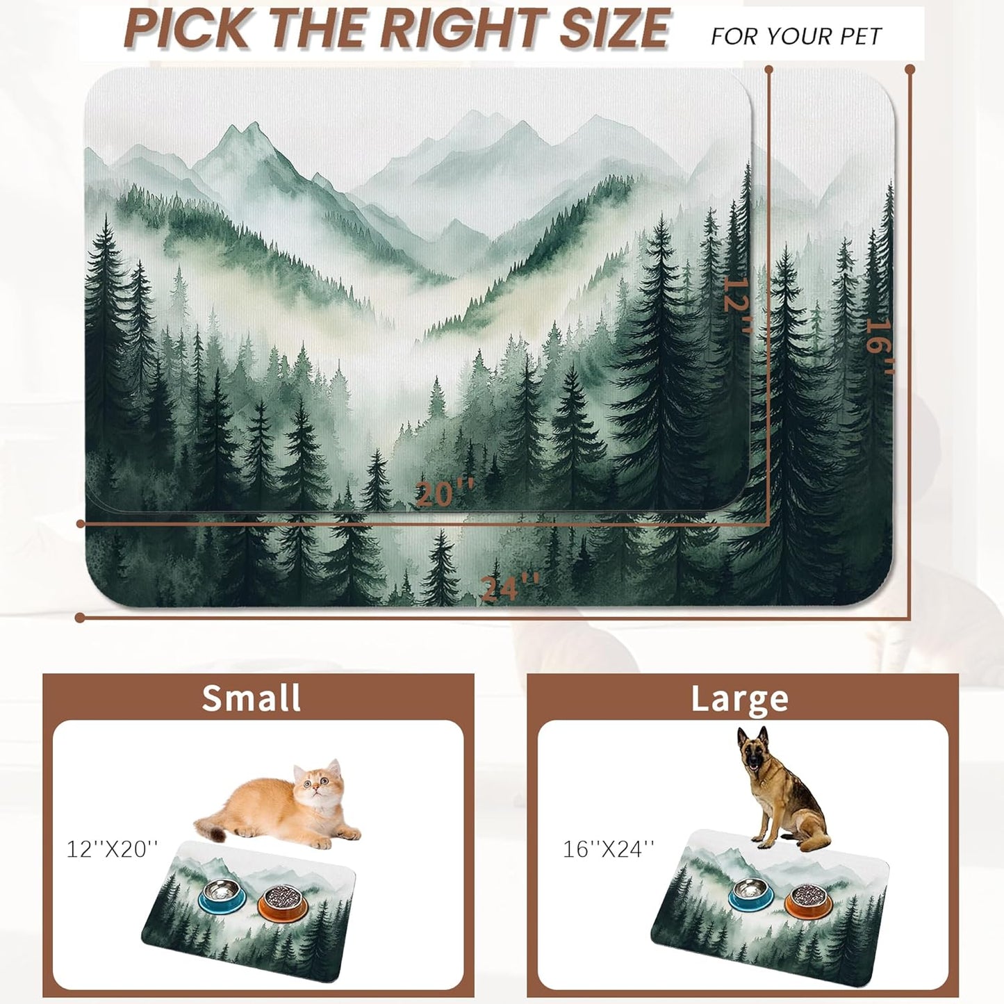 Misty Forest Mountain Dog Food Mat for Floors,Absorbent Quick-Dry Pet Feeding Mat,Cat Dog Bowl Mats for Food and Water,Non-Slip Pet Accessories Supplies 16"x24"
