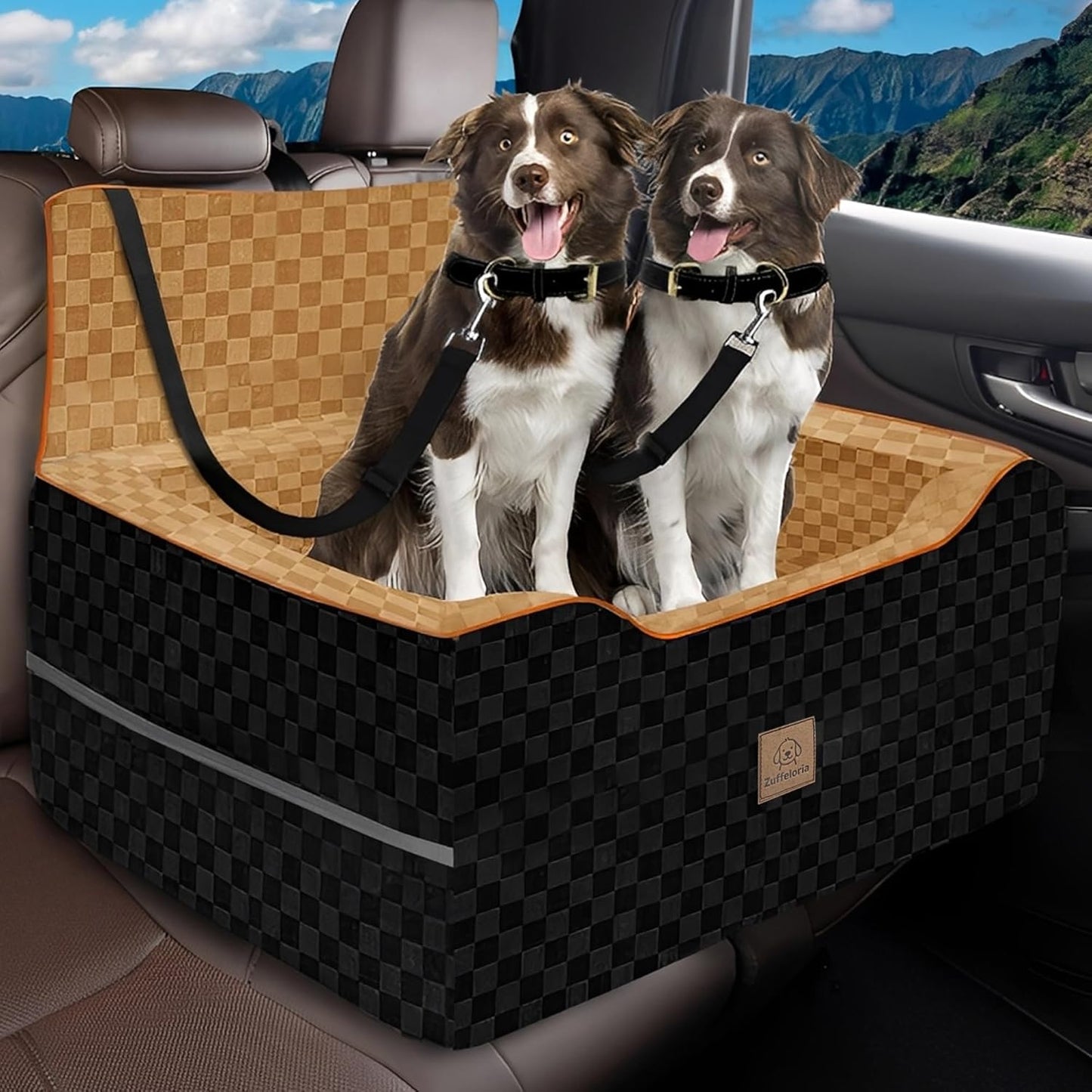 Large Dog Car Seat for Back Seat – Removable Dog Booster Seat & Washable Pet Car Seat for Medium & 2 Small Dogs up to 60lbs – Safety Straps & Storage Pocket – Travel & Home Use (Black/Brown)
