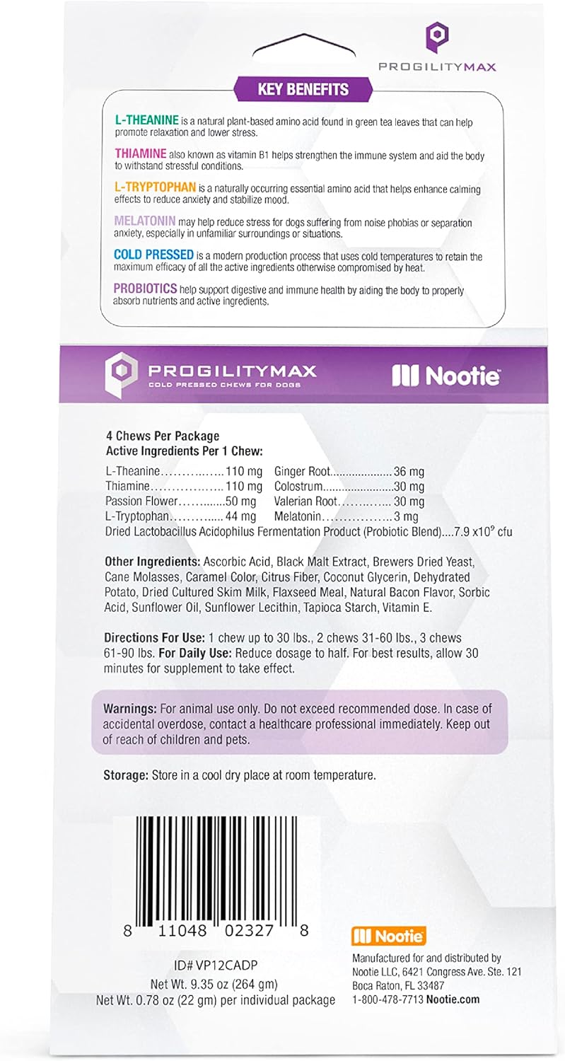 Nootie ProgilityMAX Calming Aid Chews for Dogs, Maximum Strength Calming Support for Dogs with Melatonin, 12 Single-Serve Bars, 4 Chews Per Bar