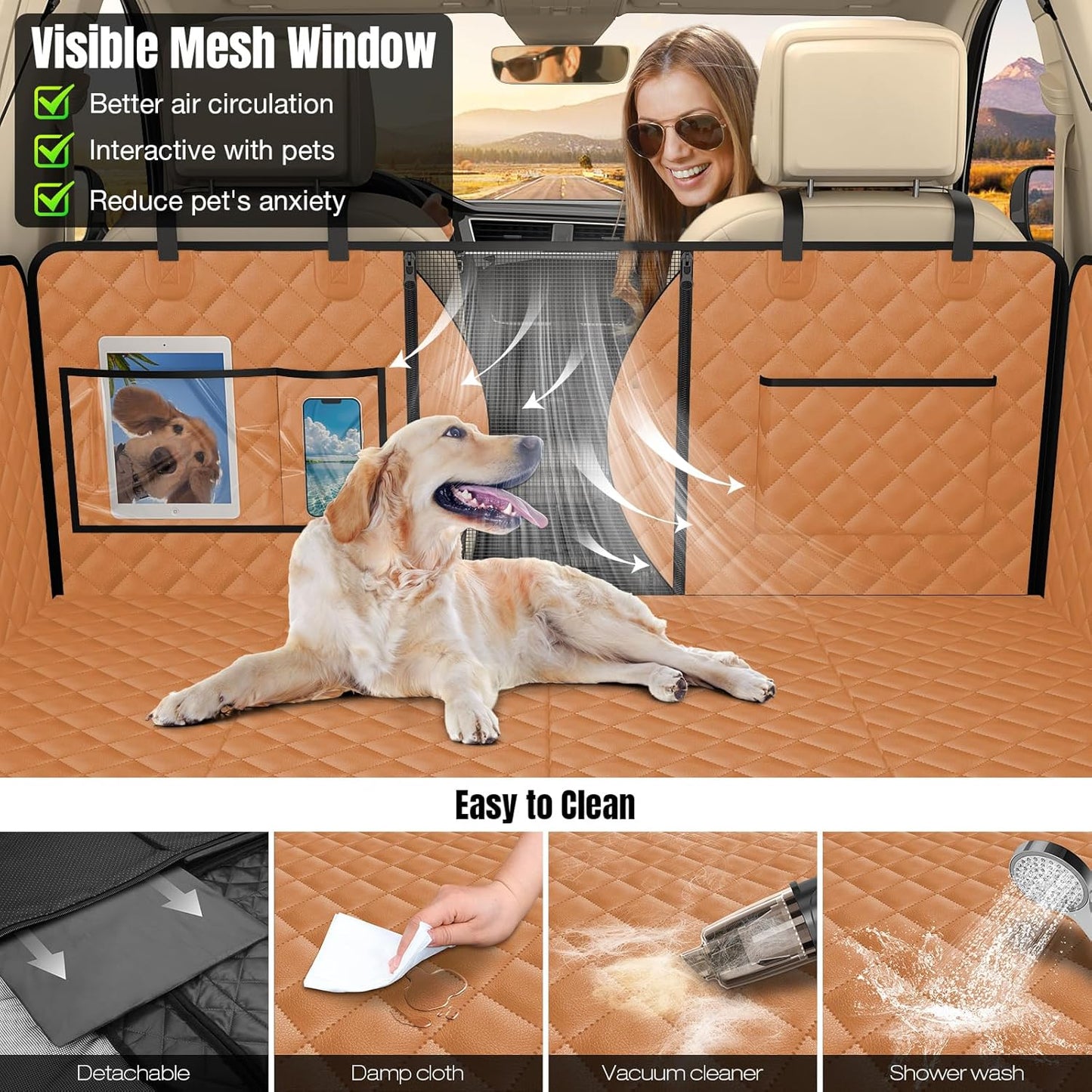 AsFrost PU Leather Dog Seat Cover for Back Seat Extender-Upgraded Hard Bottom Back Seat Pet Cover for Dogs, Anti-Scratch Nonslip Waterproof Dog Hammock Bed for Car Mid-Size SUV Small Truck-Orange