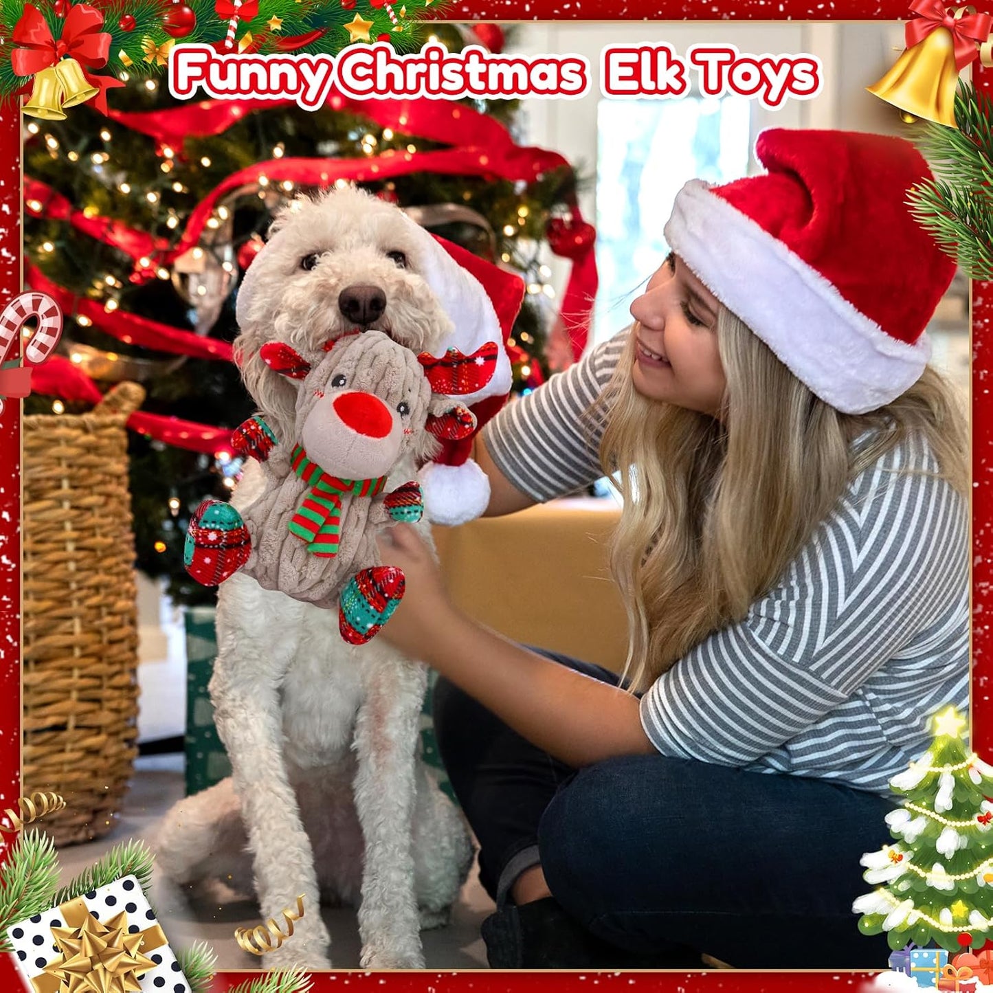 Christmas Dog Toys, Funny Squeaky Reindeer Toy with Crinkle Paper Attract Pets, Interactive Plush Chew Toys, Adorable Christmas Elk Dog Gifts for Small Medium Large Dogs