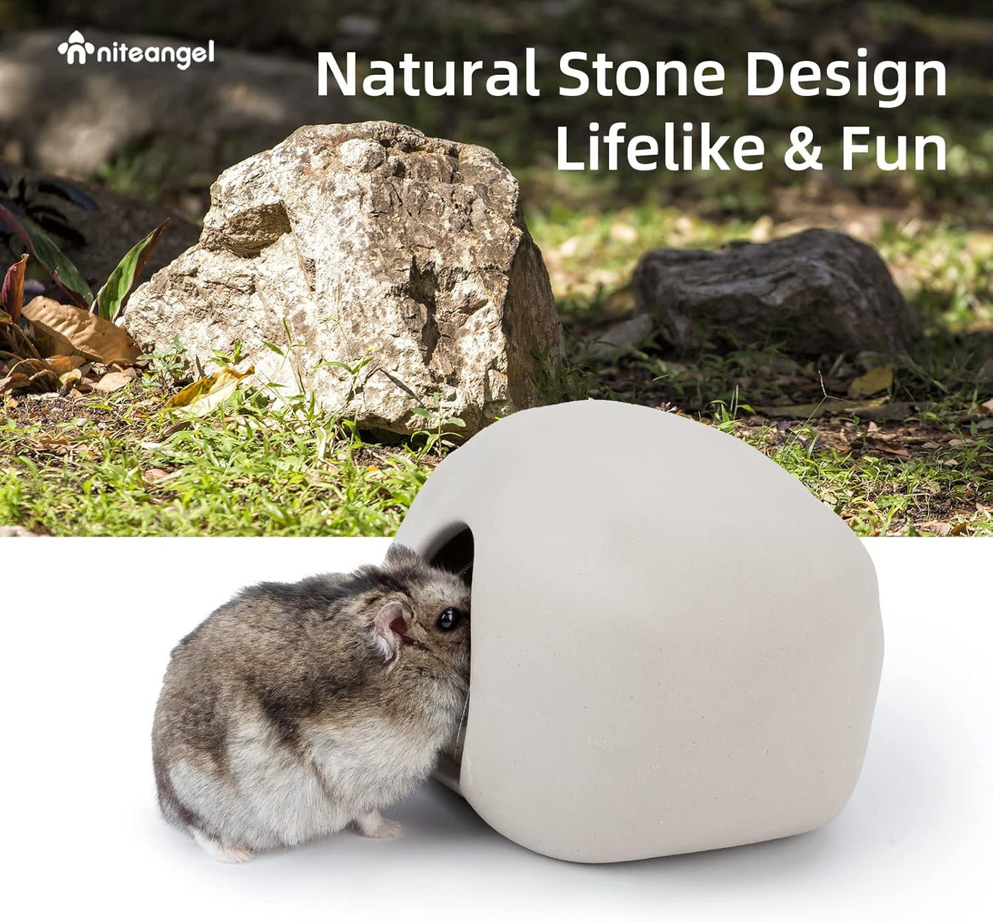 Niteangel Ceramic Hamster Habitat Hideout: - Hideaway House for Syrian Dwarf Hamster Mice Gerbils Lemmings or Other Similar-Sized Small Pet (Stone-Shaped - for Dwarf)