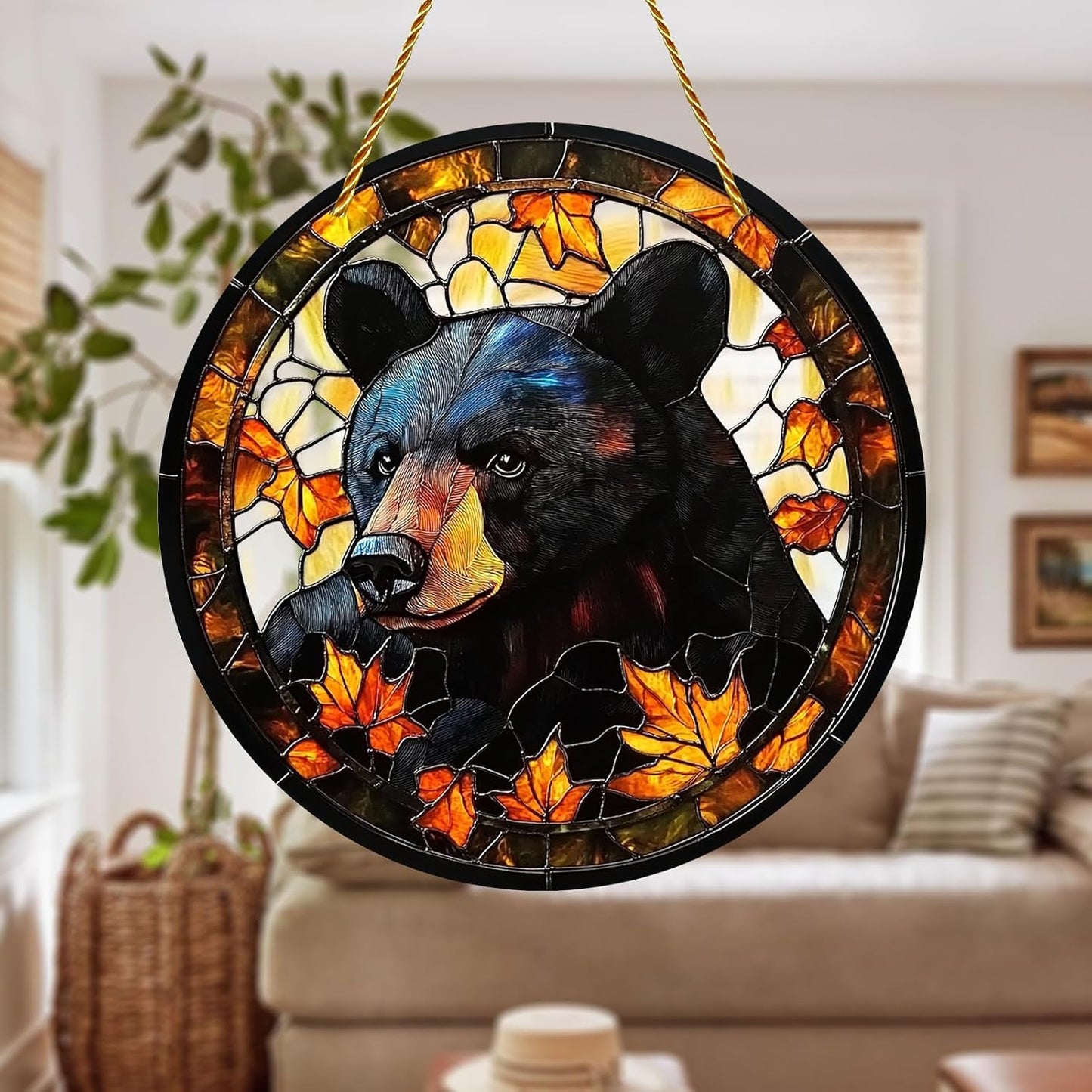 8x8 inch Charming Black Bear Autumn Acrylic Stained Glass Window Hanging Sun Catcher Decor Stained Panel Hangings Wall Art Decor, for Friends and Family (Black Bear)