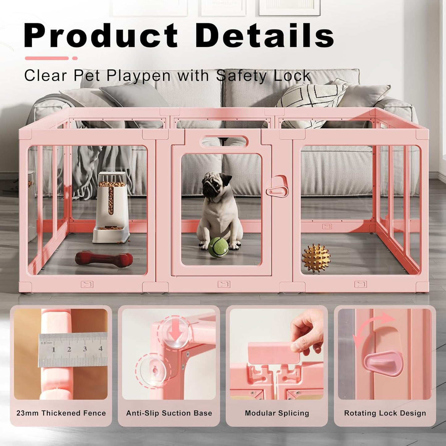 Clear Acrylic Dog Playpen Indoor, Puppy Cat Small Pet Play Pen, Pet Cat Foldable Playpen for Rabbits, Dog Fence Crate Kennel Whelping Cage (Pink, 12 Panel)