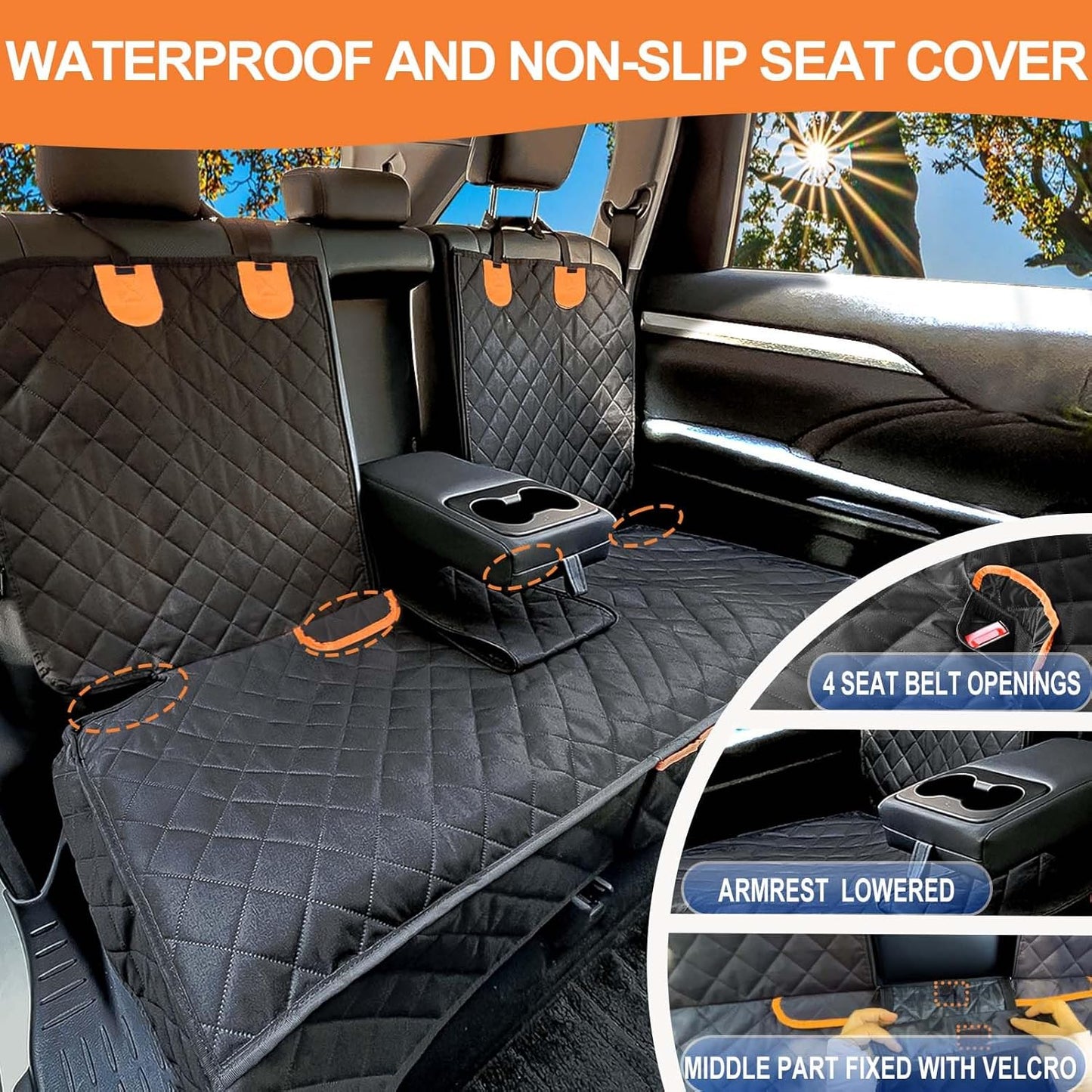 Dog Car Seat Cover for Back Seat Bench Cover, Compatible for Armrest 100% Waterproof & Nonslip Backseat Protector for Pet （XL）