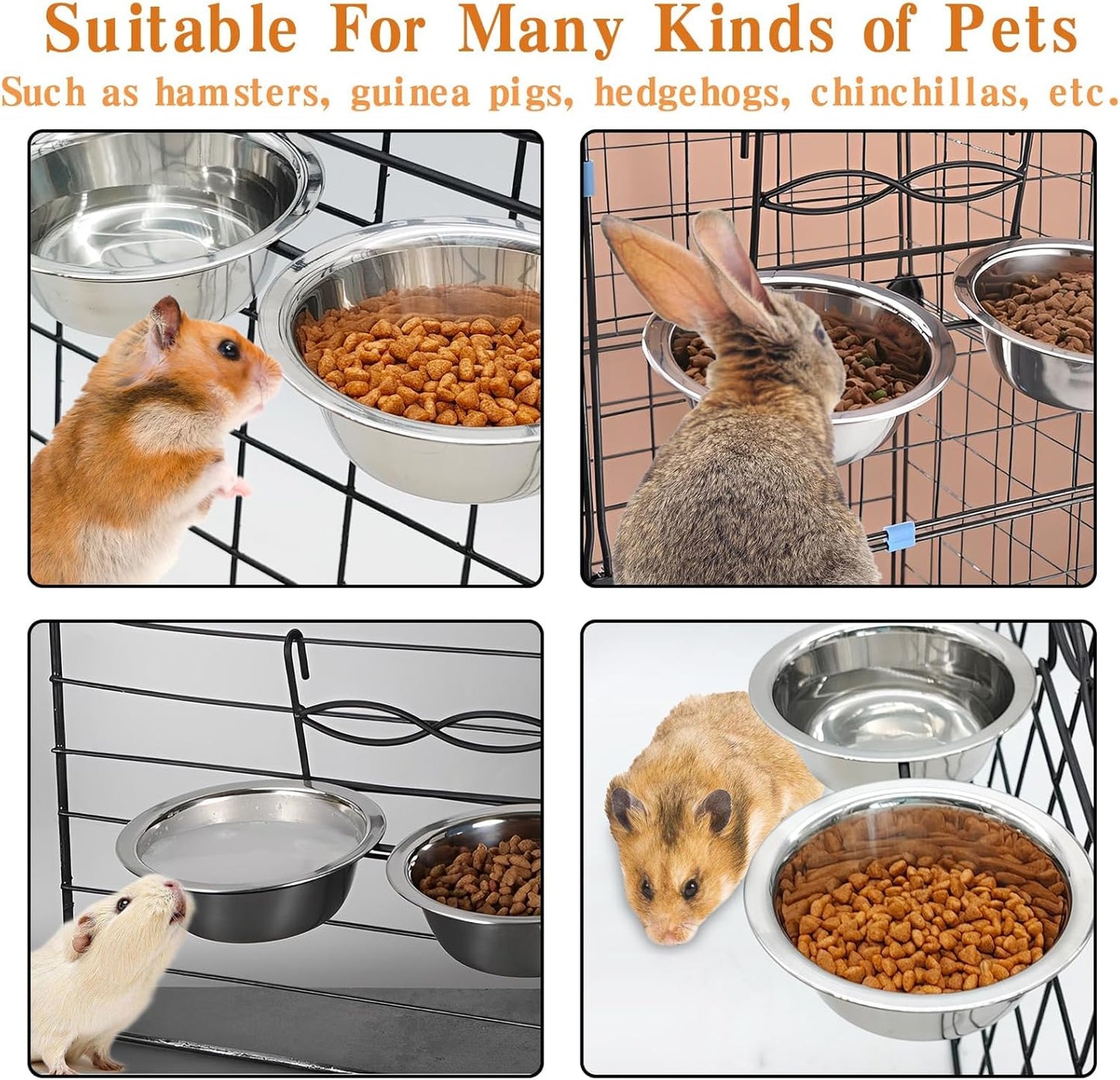 kathson Hanging Bird Bowls for Cage, 2 PCS Stainless Steel Metal Pet Food Water Dishes with Holder Feeder Cage Coop Hook Feeder Cups for Birds, Parrots, Small Sized Dogs and Cats (4.3 Inch Dia)