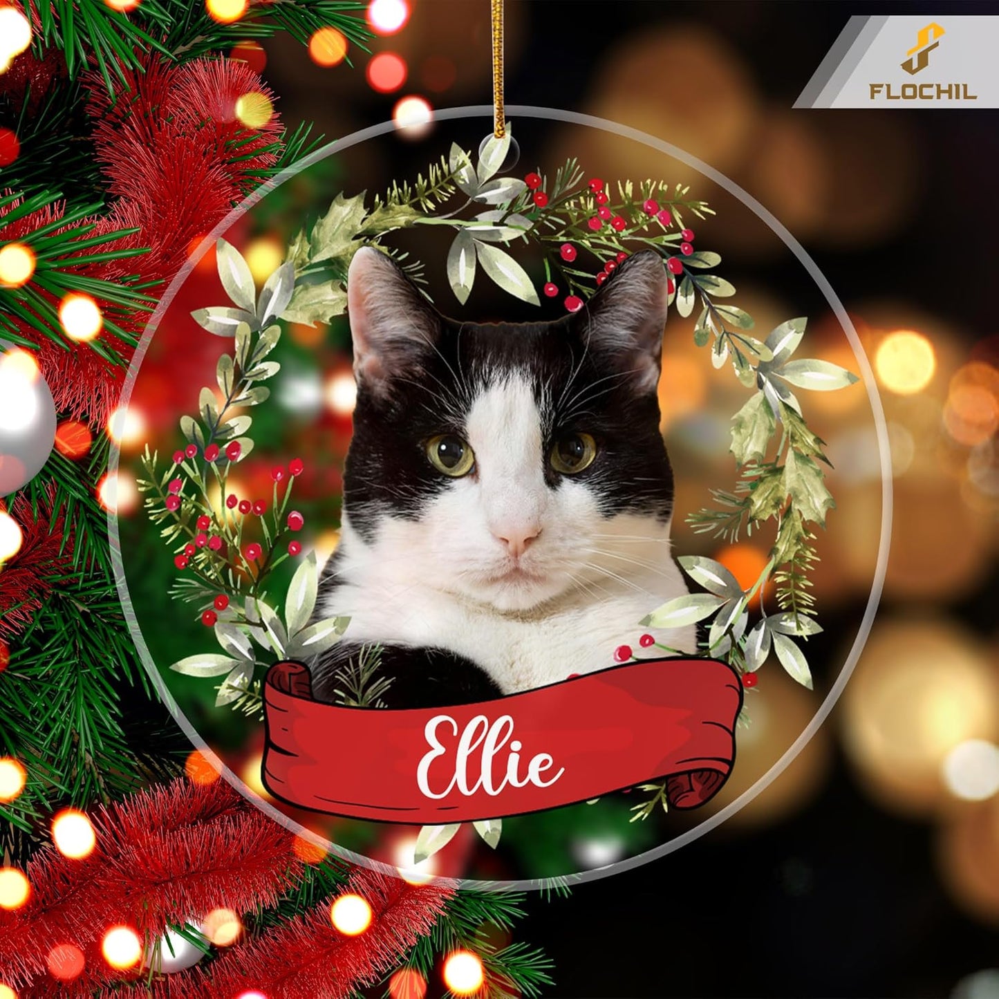 FLOCHIL Personalized Cat Christmas Ornaments Custom Photo Name for Christmas Trees, Cat First Christmas Ornaments, Gifts for Pet Lovers Acrylic Ornament