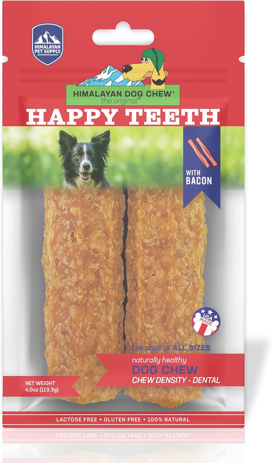 Himalayan Dog Chew Happy Teeth Yak Cheese, Soft Dog Chews, 100% Natural Soft Density Dental Treats, Gluten Free, Safe Treats for Oral Health, Lactose & Grain Free, Protein Rich, Bacon, 2 Count