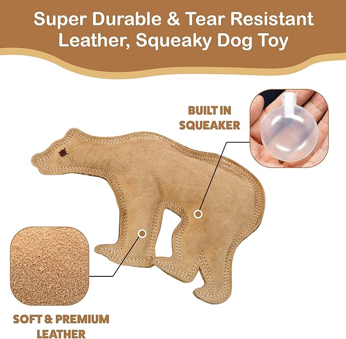 SPOT Dura-Fused Leather Bear Dog Toy – Durable Real Leather & Jute Chew Toy with Squeaker, Double-Stitched for Moderate Chewers, Medium & Large Dogs, 11.5in