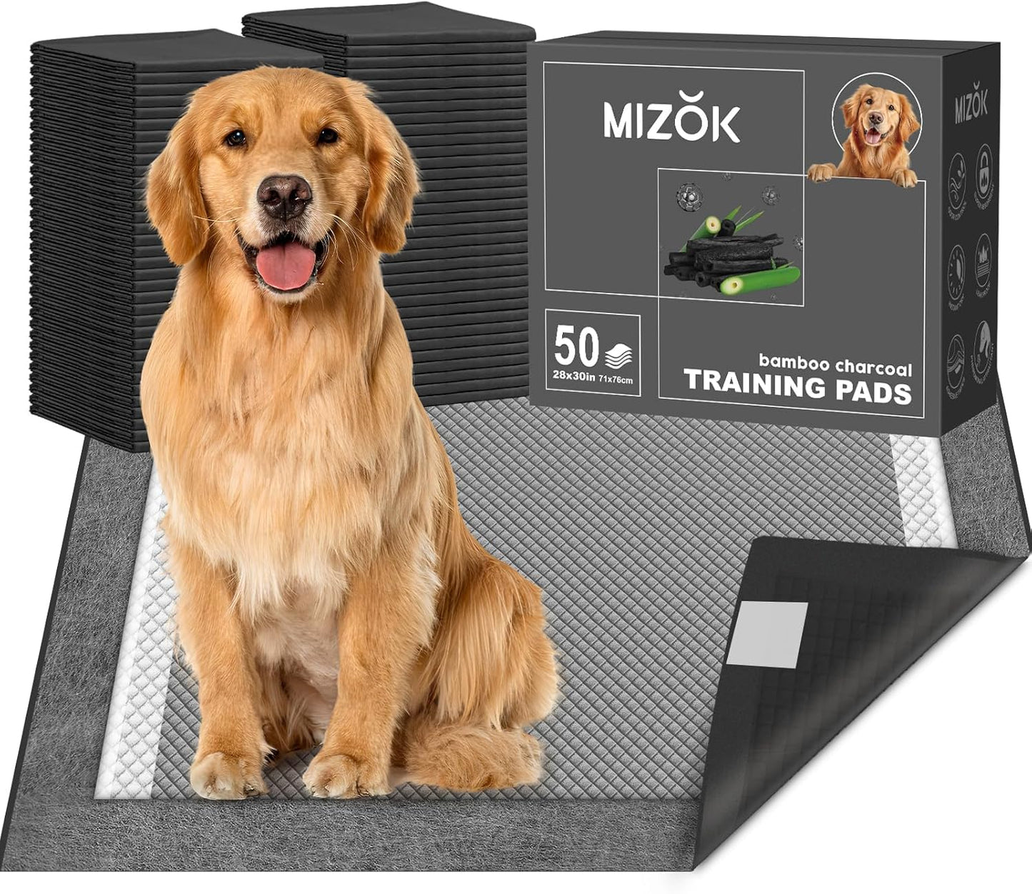 MIZOK Large Dog Pee Pads 28”×30” Charcoal, 50 Count, Puppy Pads Superior Odor-Control Potty Pads for Dogs with Adhesive Tabs Super Absorbent Activated Carbon Leak-Proof Disposable, Black