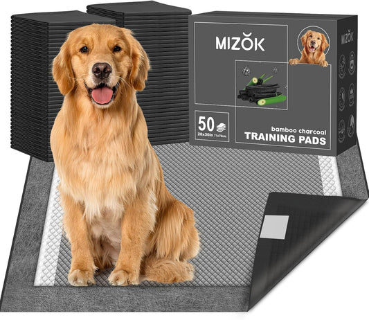 MIZOK Large Dog Pee Pads 28”×30” Charcoal, 50 Count, Puppy Pads Superior Odor-Control Potty Pads for Dogs with Adhesive Tabs Super Absorbent Activated Carbon Leak-Proof Disposable, Black