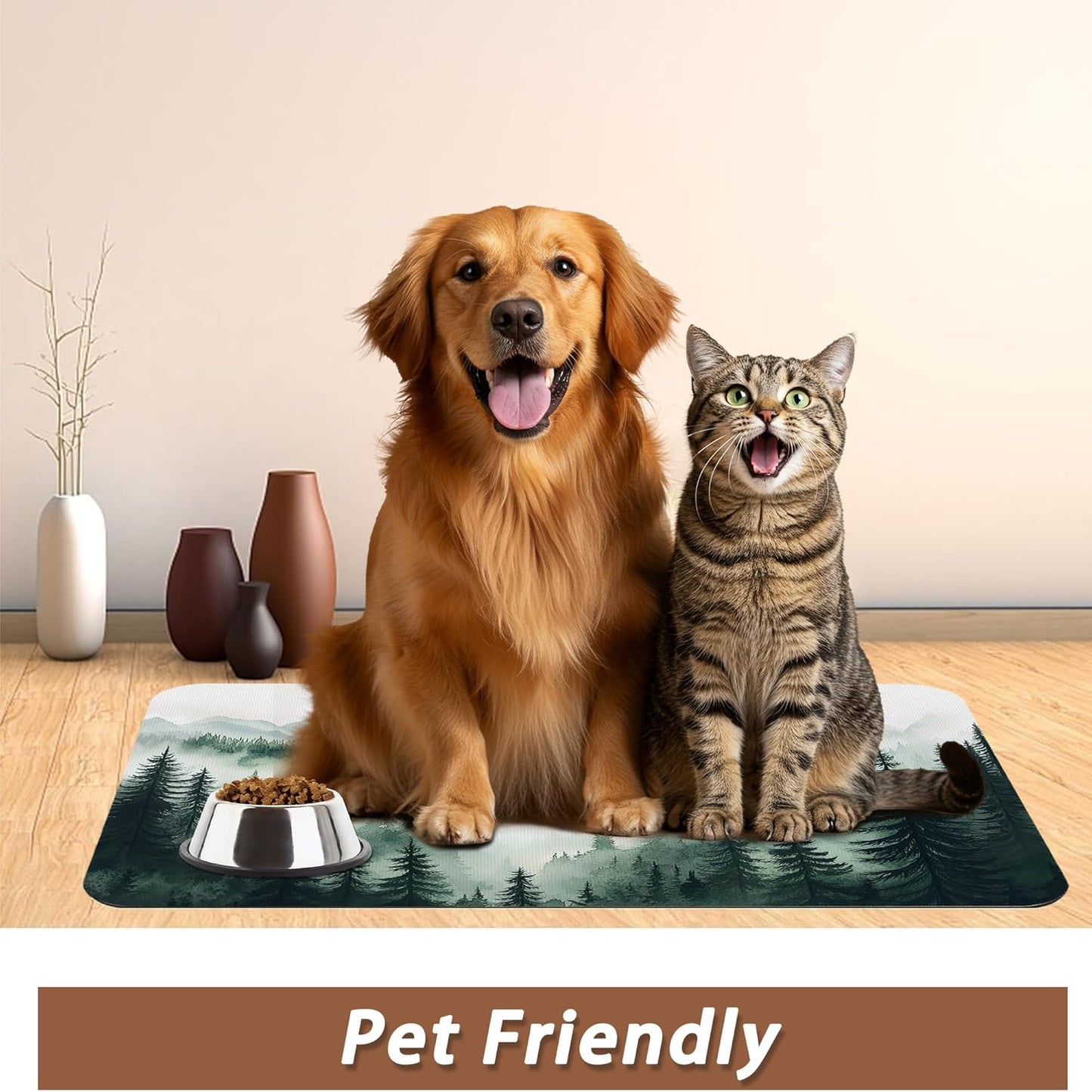 Misty Forest Mountain Dog Food Mat for Floors,Absorbent Quick-Dry Pet Feeding Mat,Cat Dog Bowl Mats for Food and Water,Non-Slip Pet Accessories Supplies 16"x24"
