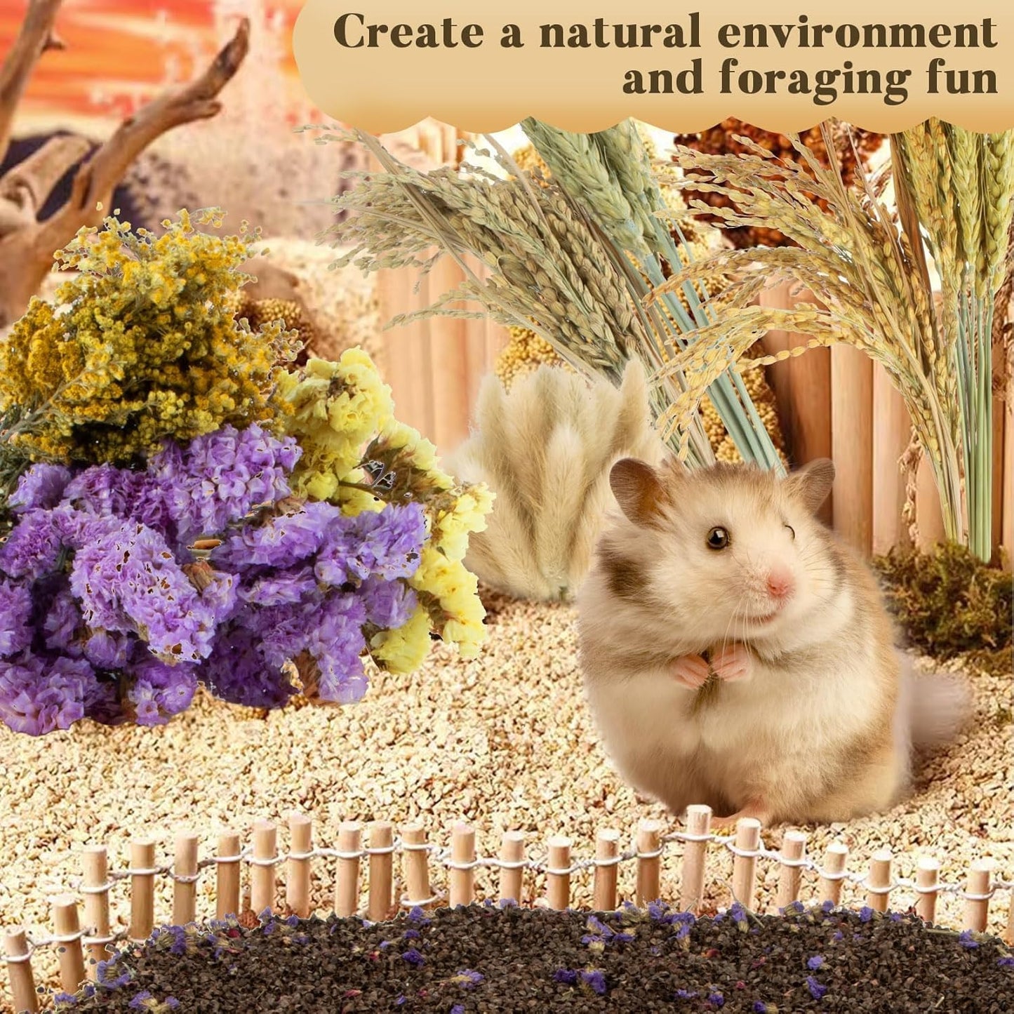 Sukh 60Pcs Nature Flower Herb Hamster Bedding - Cage Enclosure Habitat Decor Mate Small Animal Natural Ear of Grain Sprays for Syrian Dwarf Hamsters Gerbils Rabbit Other Pets
