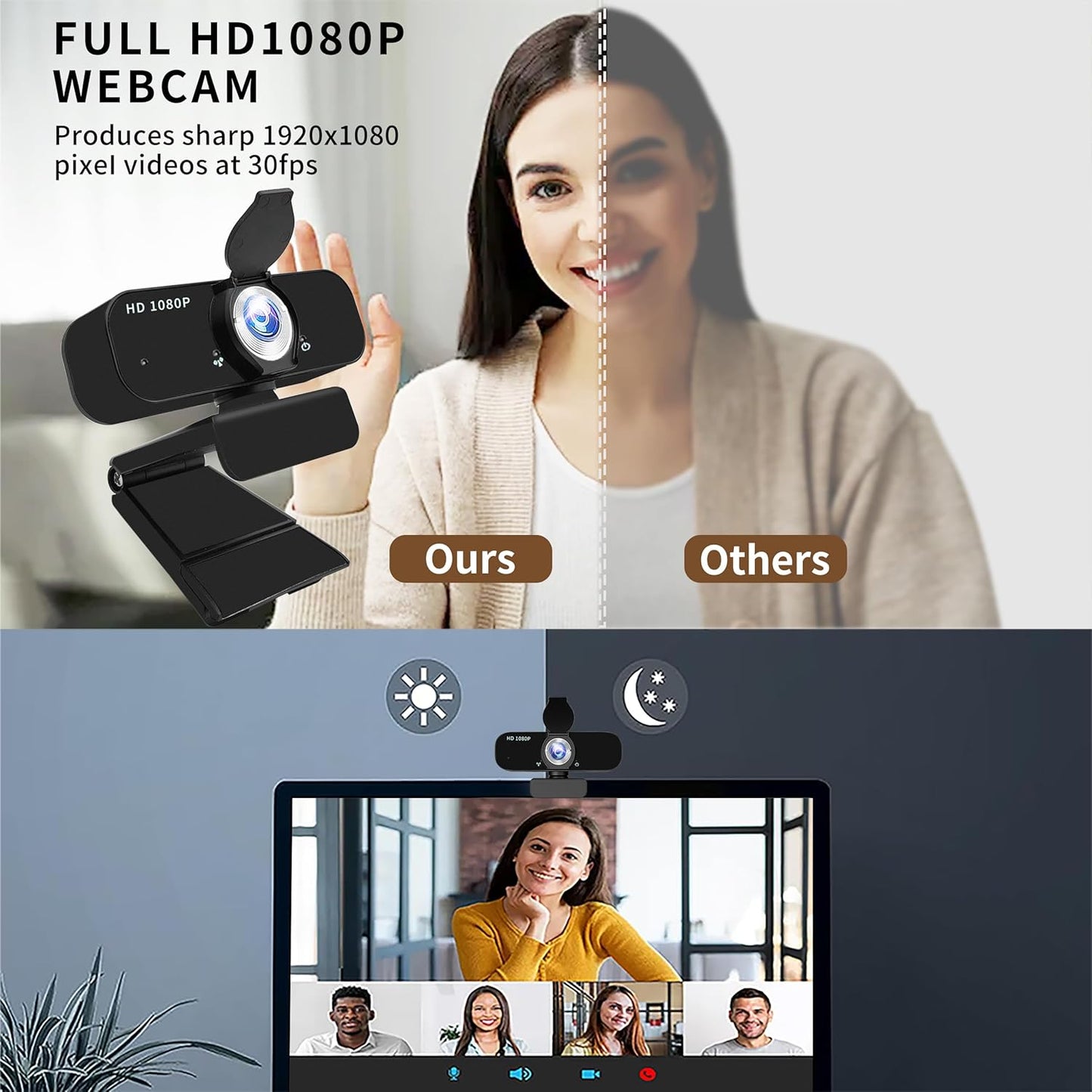 1080P Webcam for Computer/Laptop/Desktop/PC, External Camera with Microphone, USB Plug&Play, Auto Low Light Correction, Privacy Cover, Tripod, Wide Angle for Meeting/Online Video/Zoom
