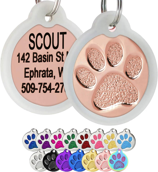 GoTags Paw Print Round Stainless Steel Pet Tag for Dogs and Cats, Personalized with 4 Lines of Custom Engraved ID Name and Number, in Stainless Steel and 15 Colors Small and Large, Rose Gold
