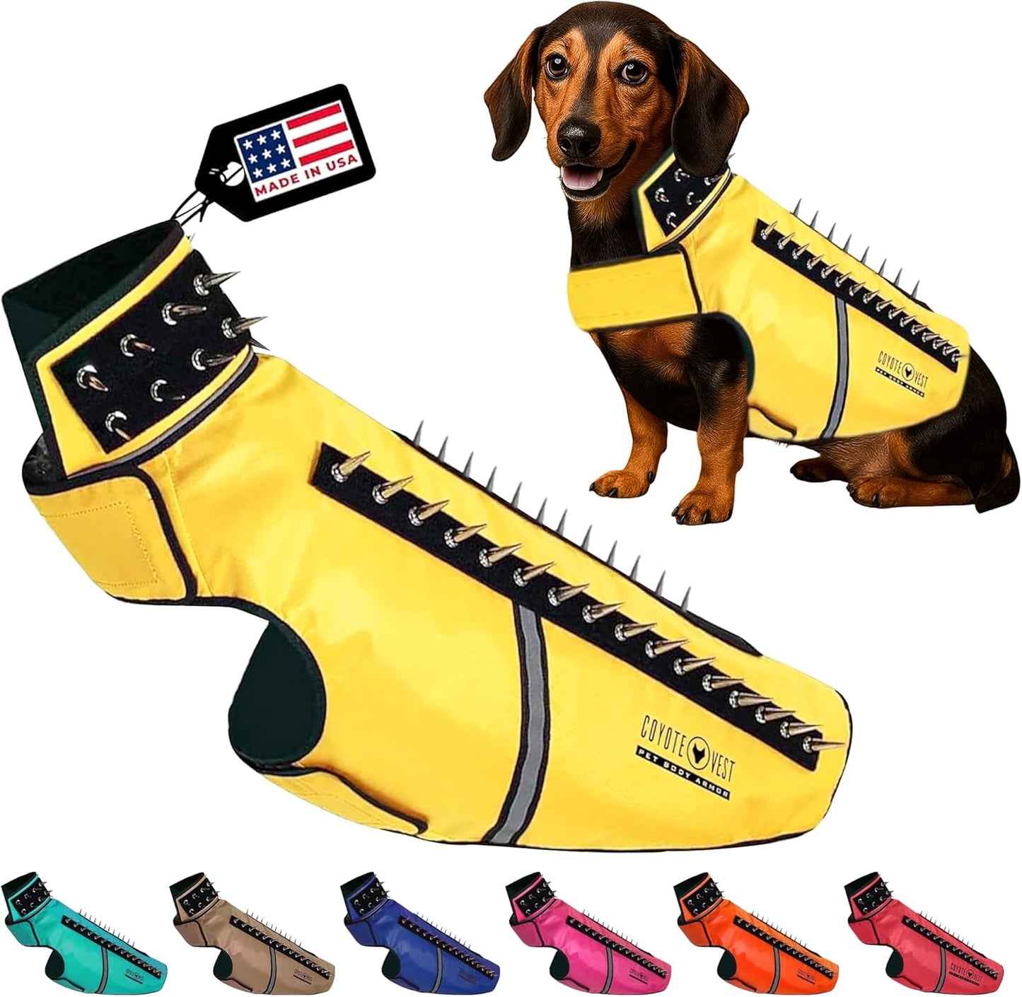 CoyoteVest SpikeVest Dog Harness Vest for Small Dogs, Reflective Dog Vest with Spikes to Shield Your pet from Coyotes, Raptor and Animal Attacks, Anti Hawk Vest, Made in USA (L-Yellow)