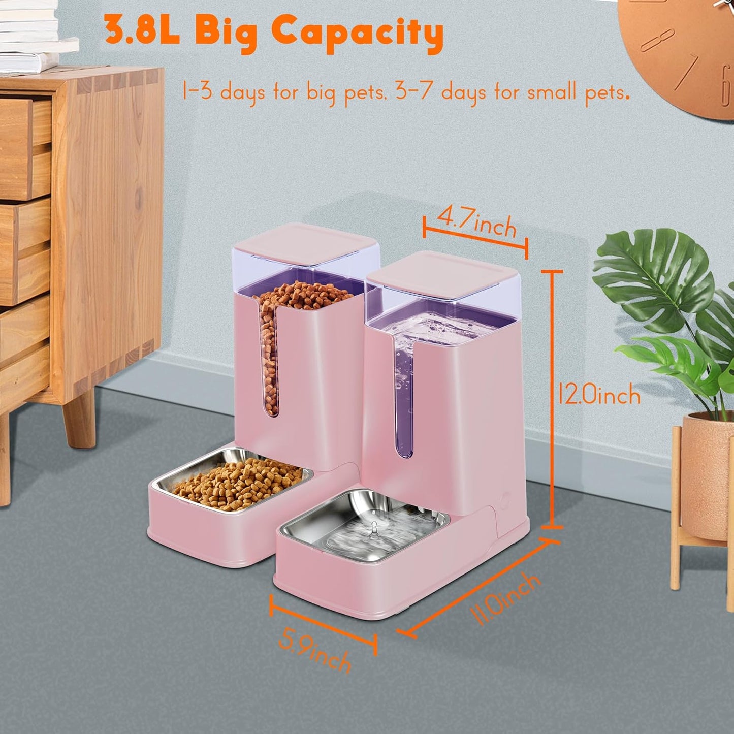 Cat Food Dispenser and Cat Water Dispenser Set with Stainless Steel Bowls Gravity Dog Feeder for Small Medium Big Cat Dog Pet Puppy Kitten, 1 Gallon x 2