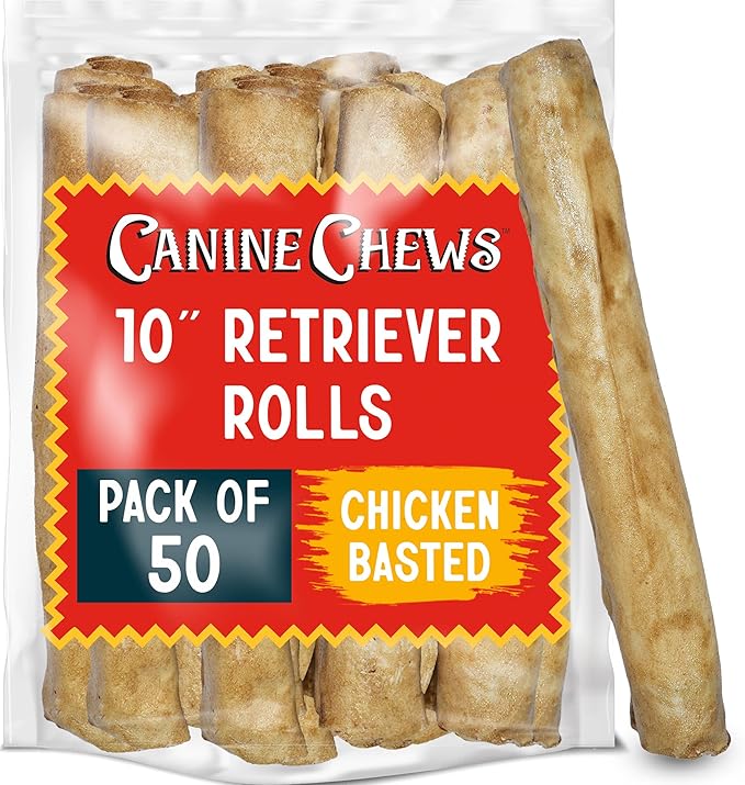 Canine Chews 10" Chicken Basted Dog Rawhide Retriever Rolls (50 Pack) - Natural Beef Dog Rawhide Chews - Healthy Dental Chews