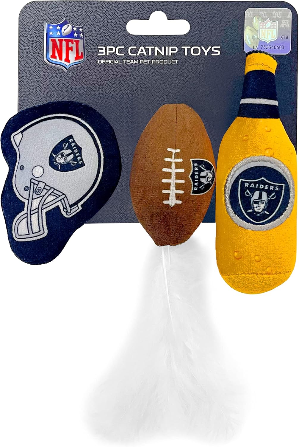 BEST PLUSH CAT TOY - NFL LAS VEGAS RAIDERS Complete Set of 3 piece Cat Toys filled with Fresh Catnip. Includes: 1 Helmet Cat Toy, 1 Football Cat Toy with Feathers & 1 Beer Bottle. Beautiful Team LOGOS