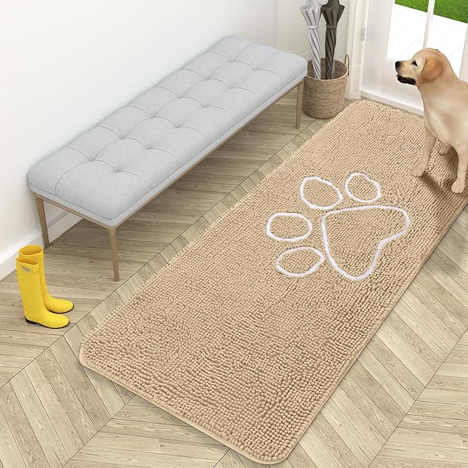OLANLY Door Mat for Muddy Dog Paws 59x24, Ultra Absorbent Chenille Mud Doormat with Paw Print Design, Non-Slip Washable Doormat for Indoor Entryway, Quick-Dry Pet Bed Mats for Dirty Dogs, Beige