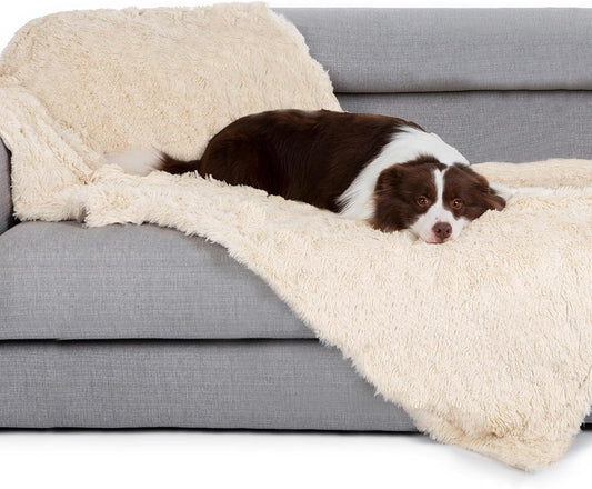 gogobunny Waterproof Dog Blanket for Large Dogs, Cats, Puppy, Reversible Faux Fur Pet Throw Blanket, Washable, Calming Furniture Protection for Sofa Bed (33x77 Inch (Pack of 1), Beige)