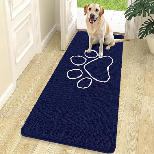 OLANLY Door Mat for Muddy Dog Paws 70x24, Ultra Absorbent Chenille Mud Doormat with Paw Print Design, Non-Slip Washable Doormat for Indoor Entryway, Quick-Dry Pet Bed Mats for Dirty Dogs, Navy Blue