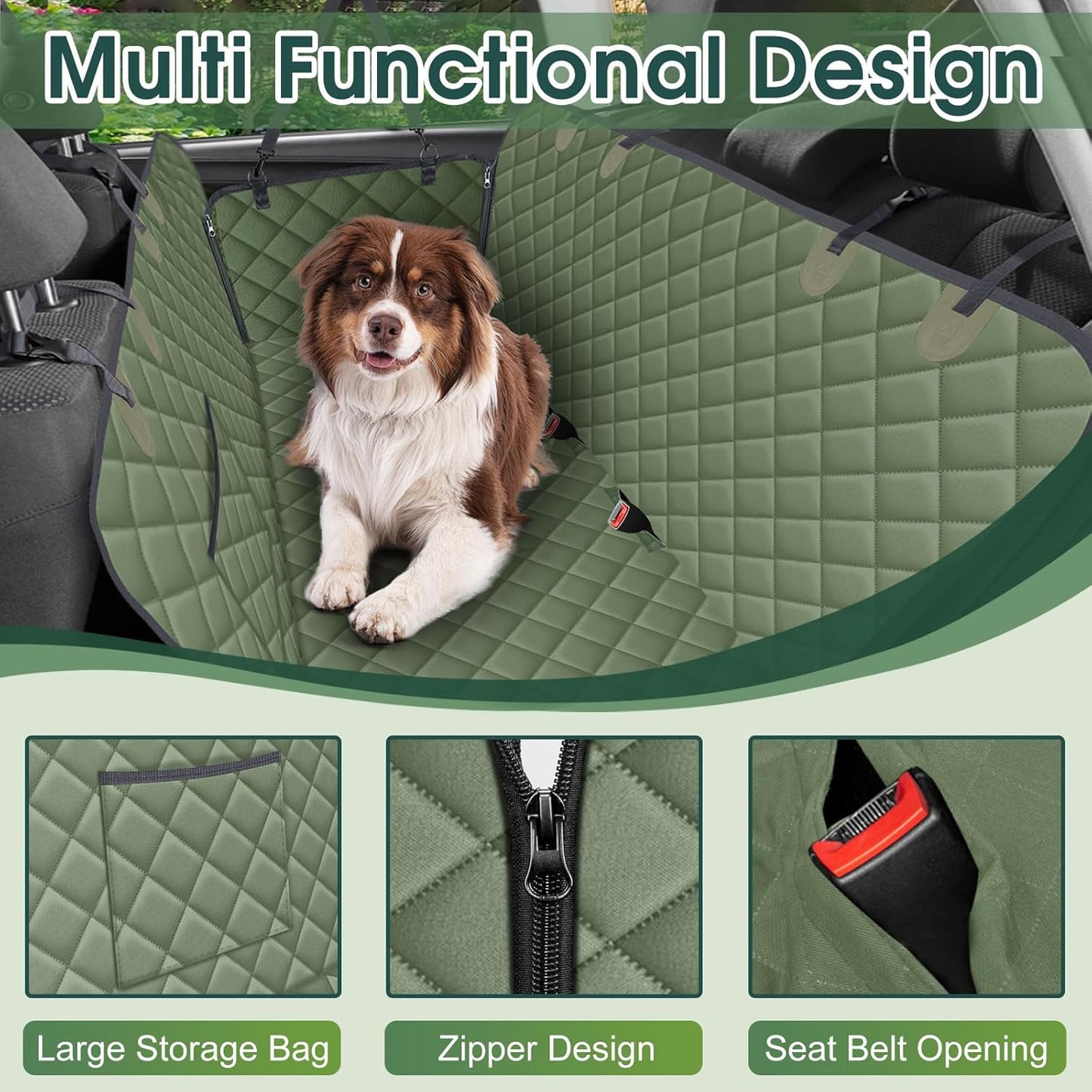 Waterproof Dog Car Seat Cover for Back Seat - Durable, Scratch Proof Pet Hammock with Nonslip Design & Storage Pockets, Fits Cars, SUVs, Trucks- S, Green