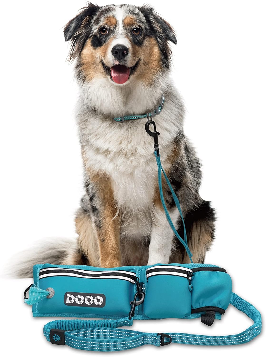 DOCO Hands Free Dog Leash (Waist 26”- 48”, Leash- 1”x 5ft) Waist Belt for Walking, Running & Hiking, Bungee with Dual Handles, Adjustable Fit, Reflective Safety Design for Large Dogs (Turquoise)
