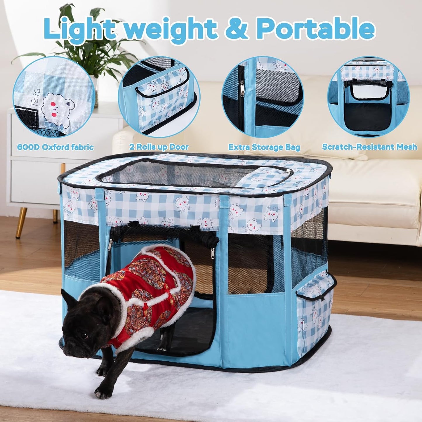 Dog and CAT pop Play Pen,Pets Houses for Dogs and Cats,Indoor&Outdoor Exercise Pen Dog Tent Puppy Playground Large (M, Bule)