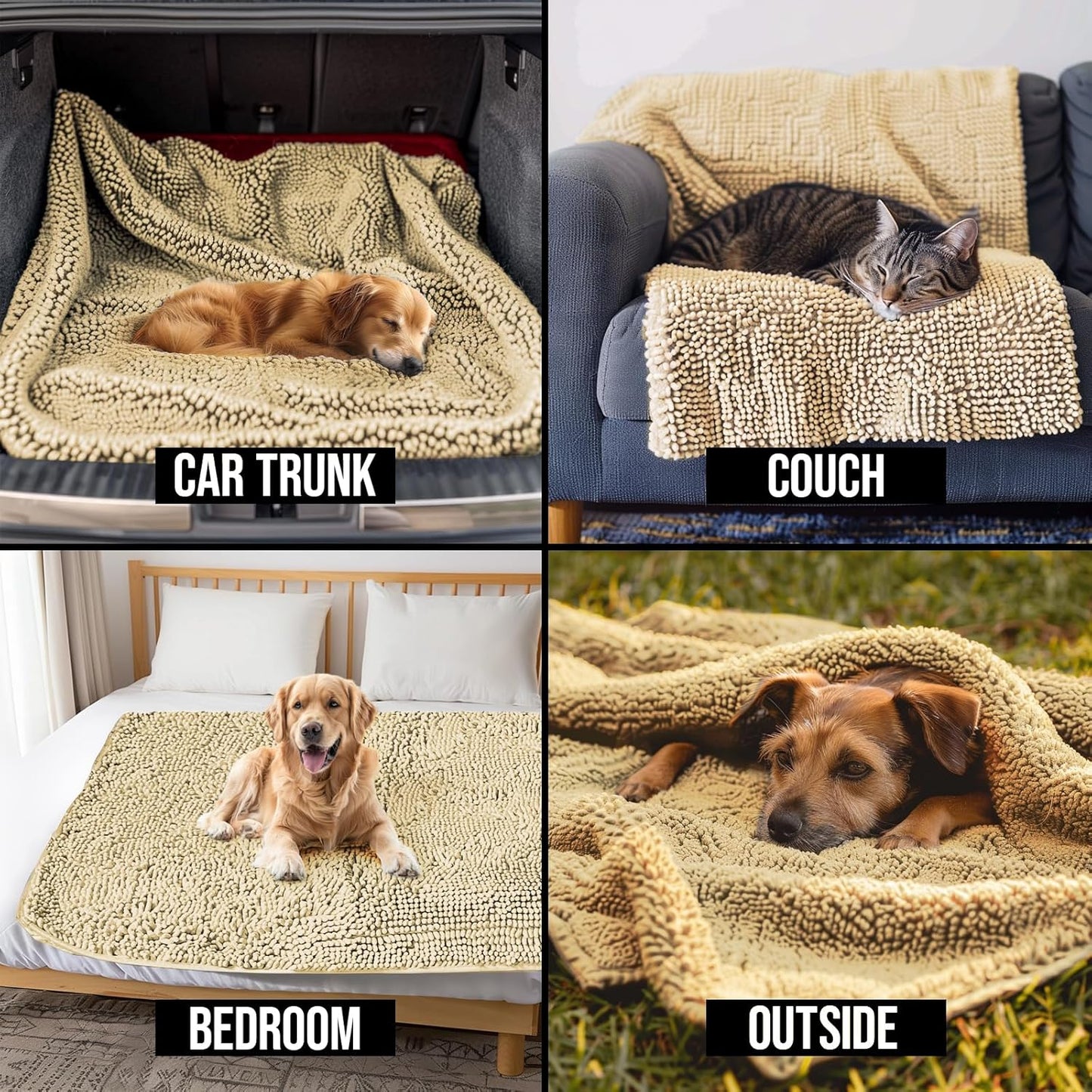 Muddy Mat® Dog Blanket - Chenille Water Absorption Blanket for Bed & Couch Cover for Dogs Washable, Anti-Slip Soft and Durable Furniture Protector for Dogs - Beige 52"x72"