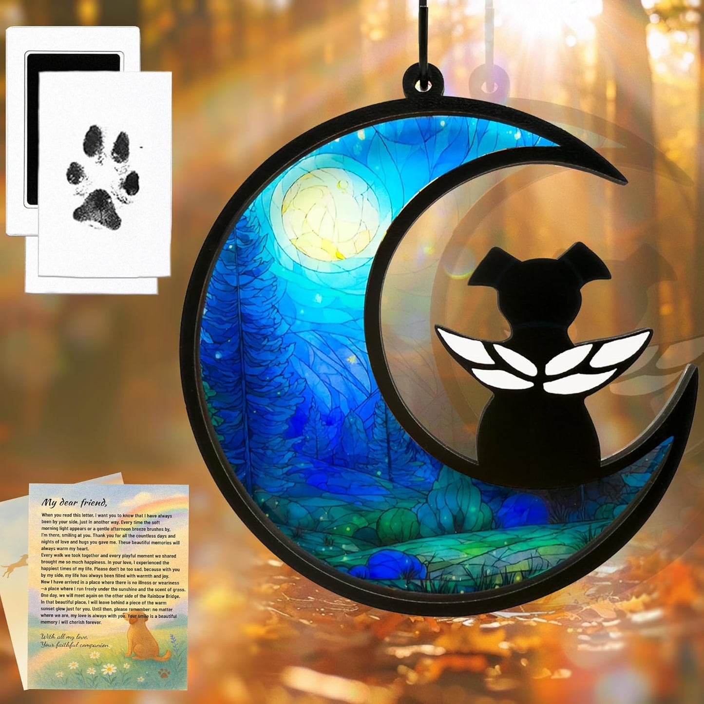 Dog Memorial Gift for Loss of Dog – DIY Angel Memorial Suncatcher & Paw Print Kit for Dogs with Sympathy Card | Pet Memorial Keepsake(Moonlit Forest)