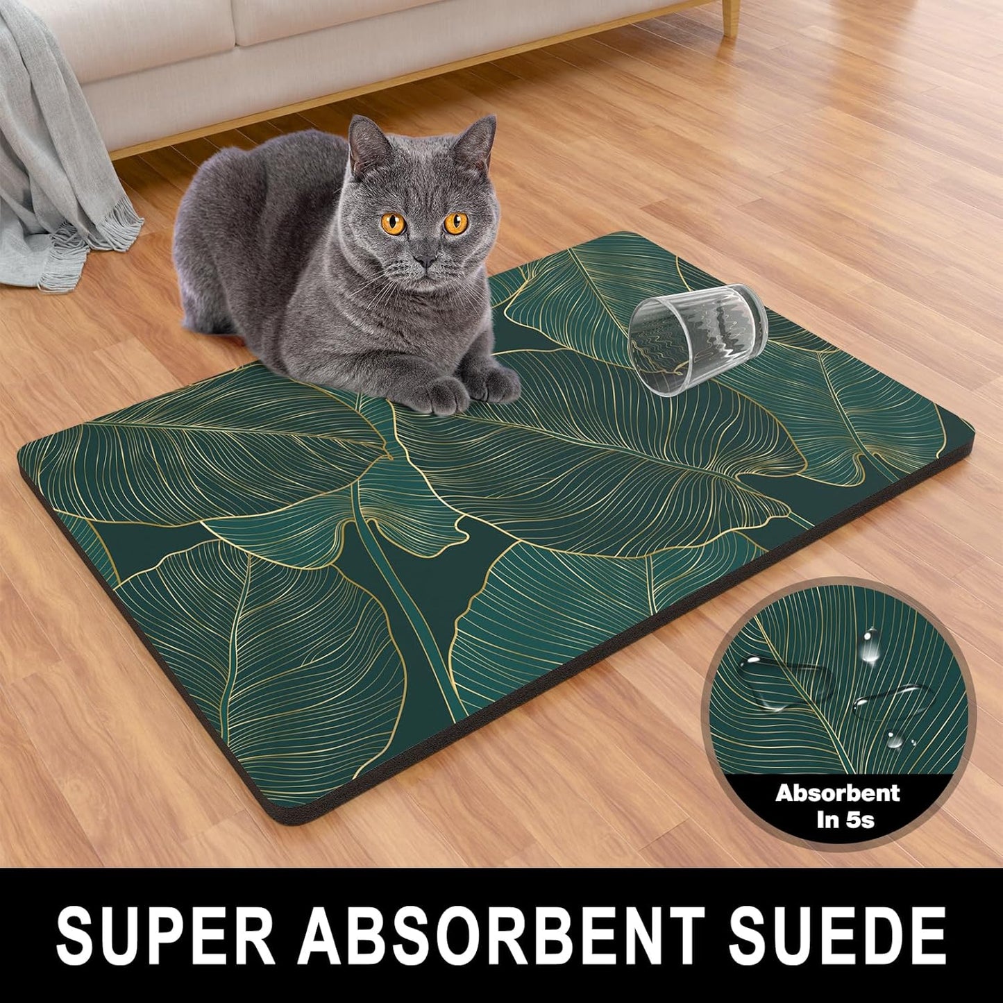 Dog Food Mat, 16" x 24" Absorbent Dog Cat Bowl Mat for Food and Water, Cute Anti-Slip Rubber Pet Feeding Rug Protect Floors, Placemat for Feeding & Watering Supplies, Tropical Palm Leaves
