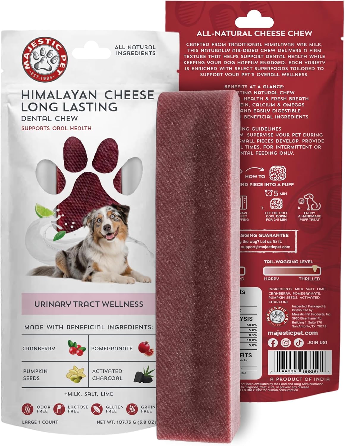 Majestic Pet Himalayan All-Natural Yak Cheese Dog Chews Made with 100% Cows Milk- Long Lasting Dental Chew for Dogs - Healthy Pet Treats (Urinary Tract Wellness, Large, 1 Pack)