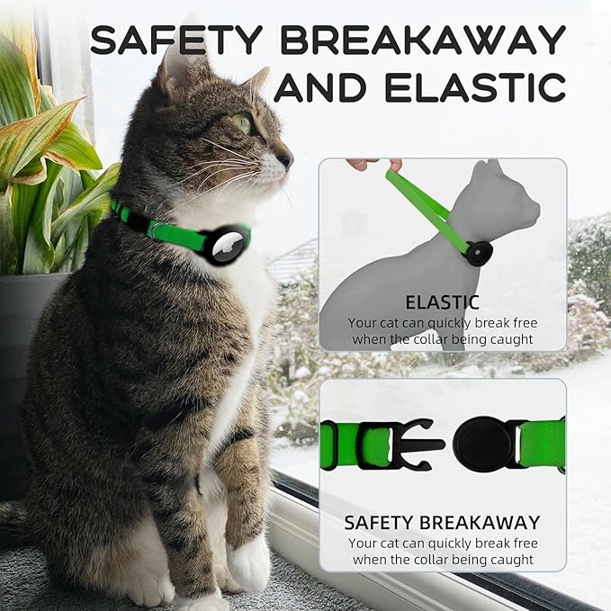 AirTag Cat Collars, Stretchy Collar with Apple AirTag Holder and Bell, Breakaway Ultra Design Elastic GPS Tracking Collars for Cats and Puppies, (7.5-12.5 Inch), Emerald Green
