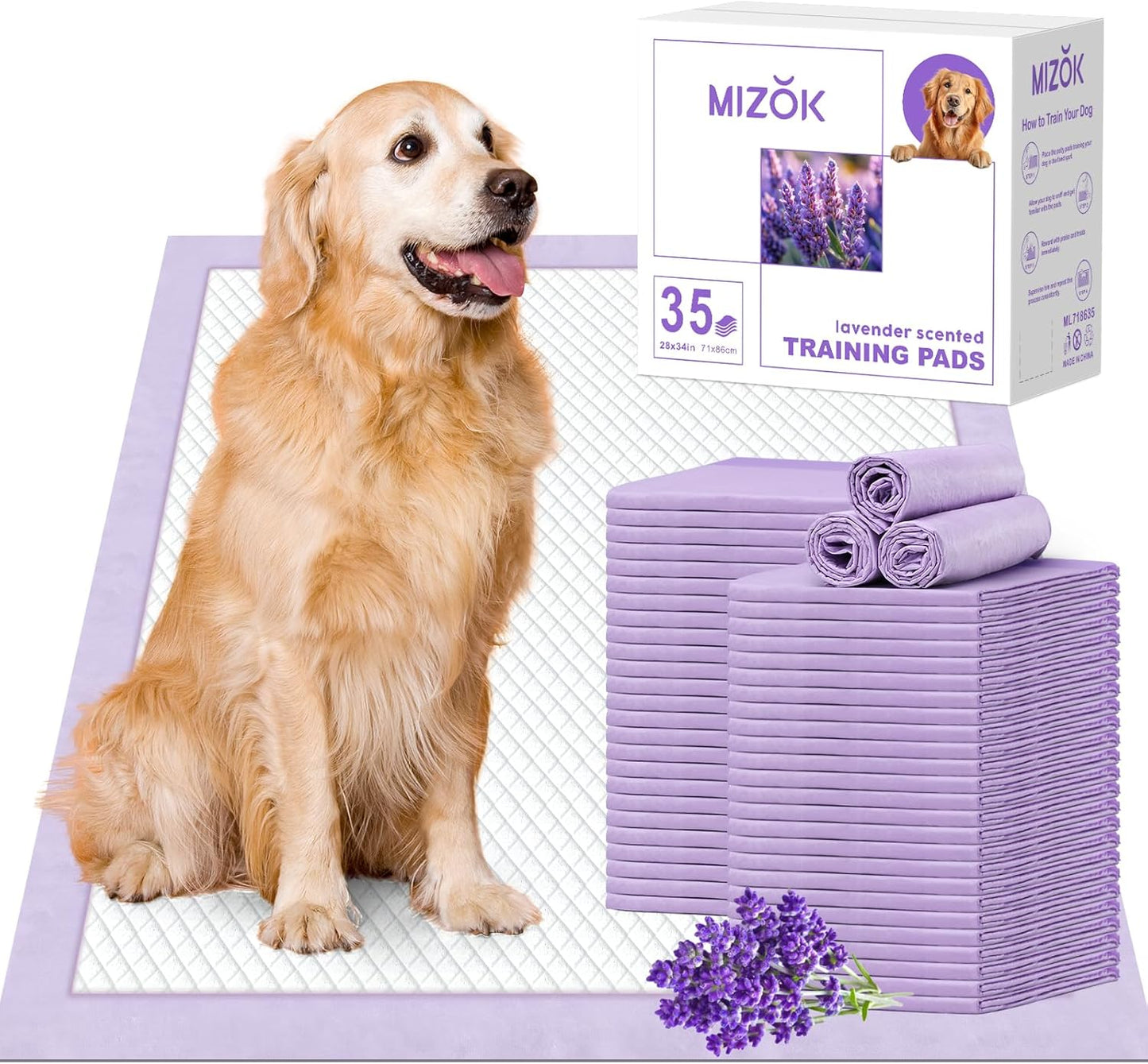 MIZOK Dog Pee Pads Extra Large 28x34in Lavender Scented Odor Control Ultra Absorbent for Up to 8 Cups 6 Layers Leak-Proof Purple (35 Counts)