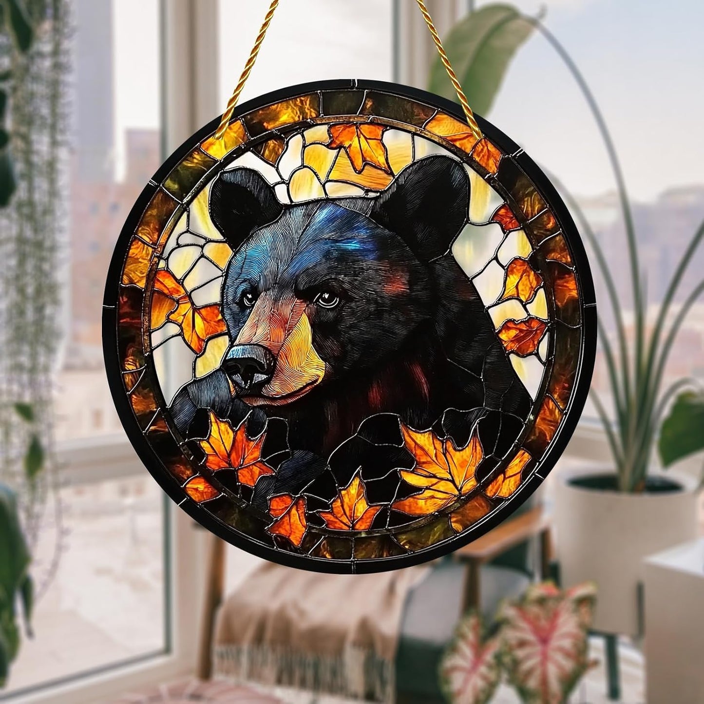 8x8 inch Charming Black Bear Autumn Acrylic Stained Glass Window Hanging Sun Catcher Decor Stained Panel Hangings Wall Art Decor, for Friends and Family (Black Bear)
