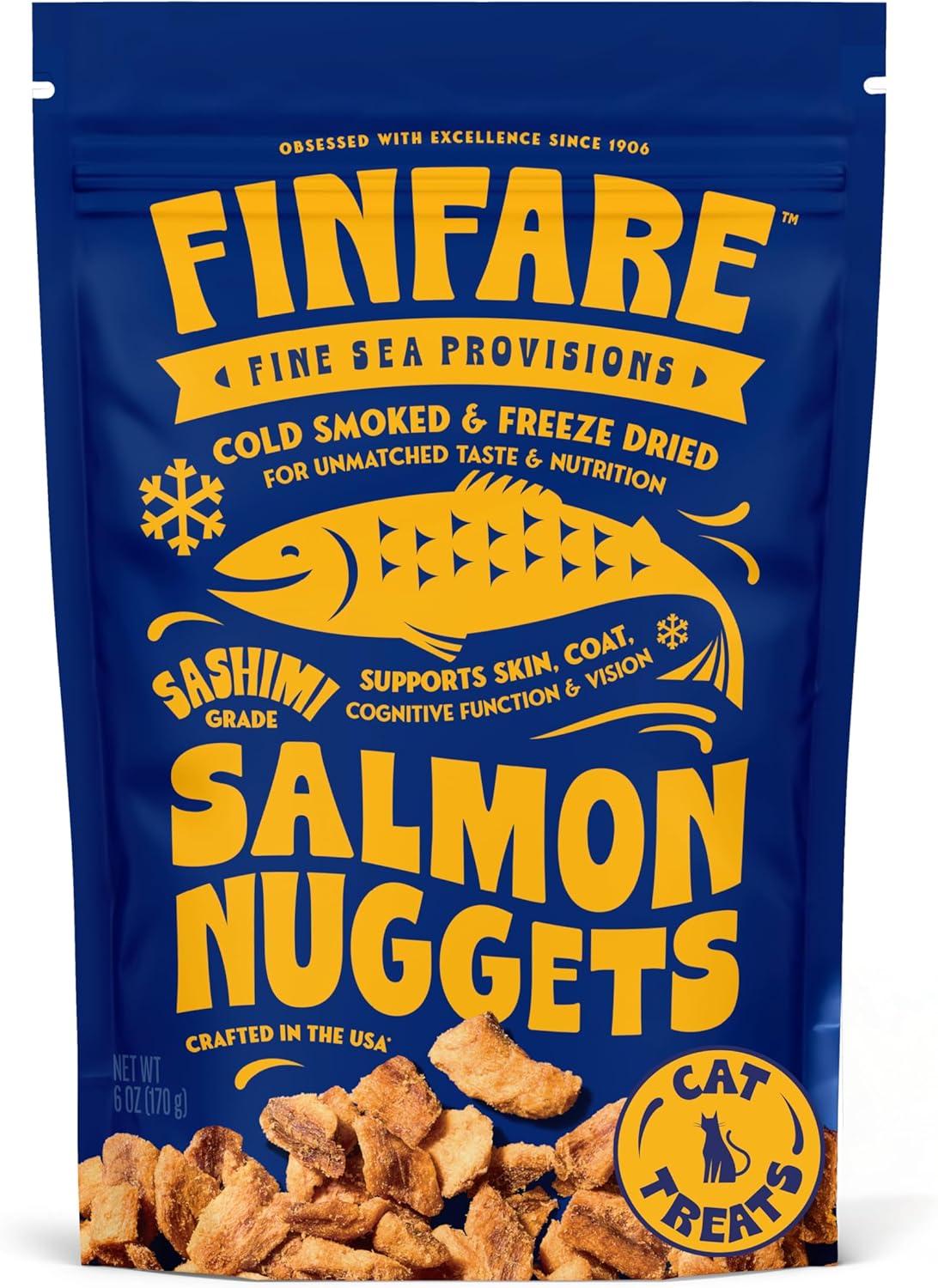 Finfare Freeze Dried Salmon Nuggets, Grain Free Salmon Cat Treats, High Protein & Omega-3s to Support Skin, Coat & Wellness, Crafted in USA, 6oz