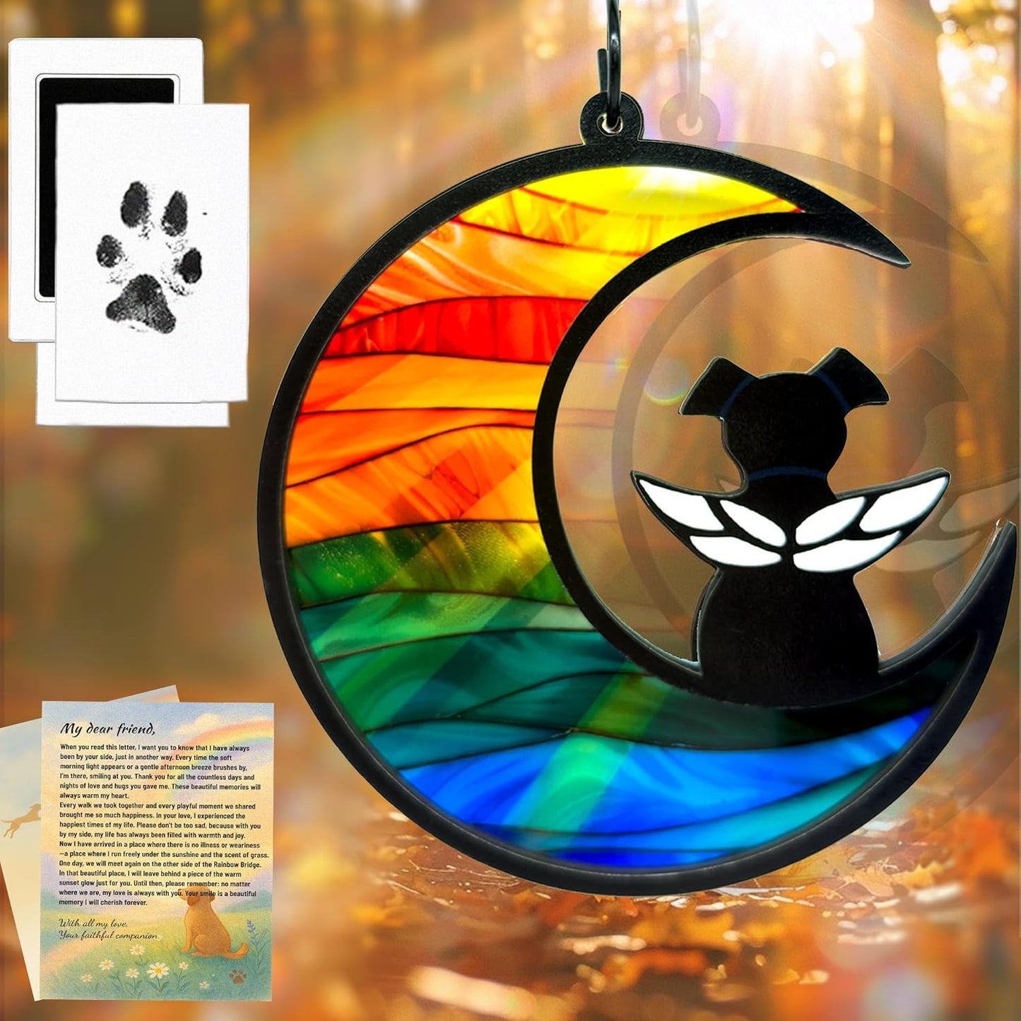 Dog Memorial Gift for Loss of Dog – DIY Angel Memorial Suncatcher & Paw Print Kit for Dogs with Sympathy Card | Pet Memorial Keepsake(Rainbow Bridge)