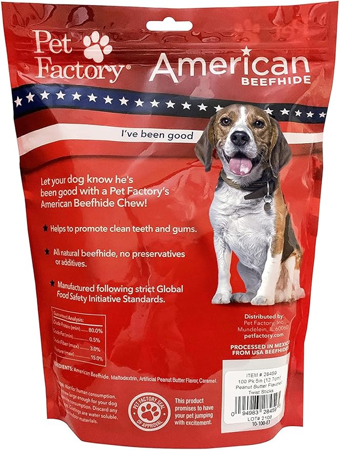 Pet Factory American Beefhide 5" Twist Sticks Dog Chew Treats - Peanut Butter Flavor, 1 lb
