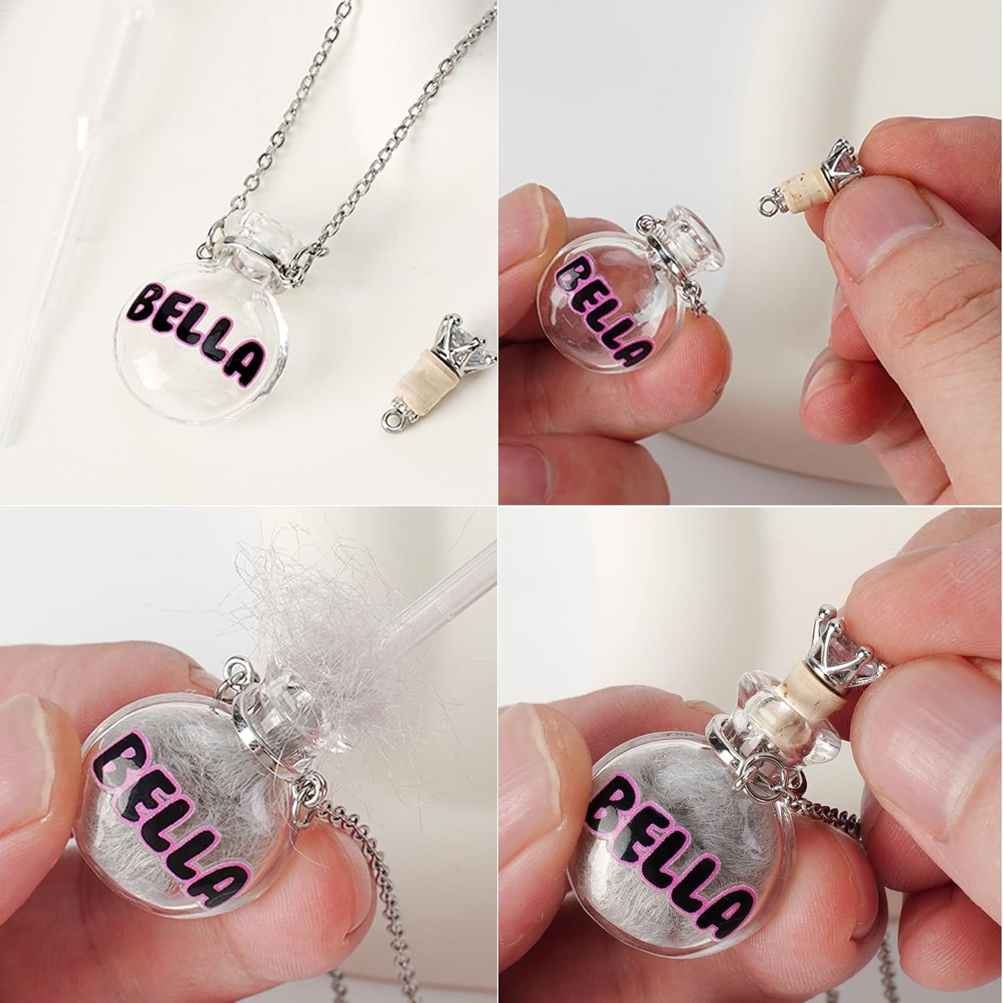 callie Personalized Pet Fur Memorial Necklace - Custom Name, Dog Cat Hair Ashes Storage Glass Necklace, Birthday Memory Jewelry Gifts for Women Pet Lovers