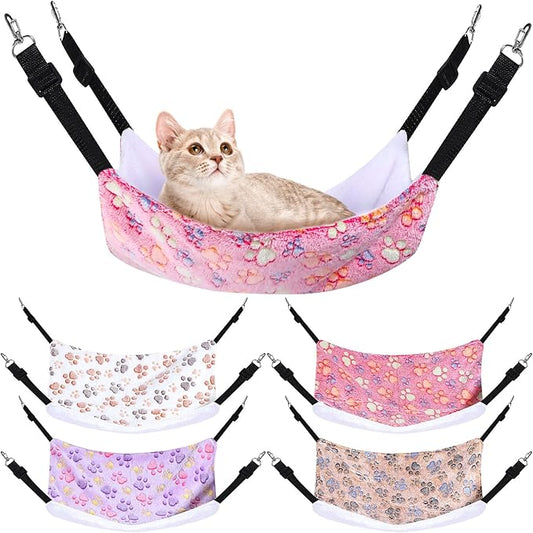 Geelin 4 Pcs Cat Hammock for Cage Hanging Soft Pet Hammock Bed with Adjustable Straps and Metal Hooks Double Sided Bed for Large & Small Cats Ferret Rat Sugar Glider Puppy(Paw,20 x 24 Inch)