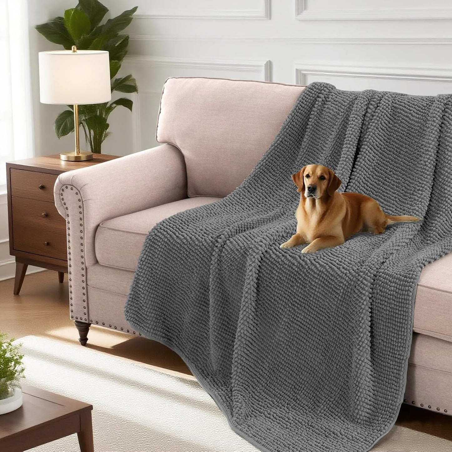 H.VERSAILTEX Plush Chenille Couch Cover for Dogs Pets Blanket for Bed Anti-Slip Soft and Durable Furniture Protector for Small Medium Large Cats Washable (52" x 82", Grey)