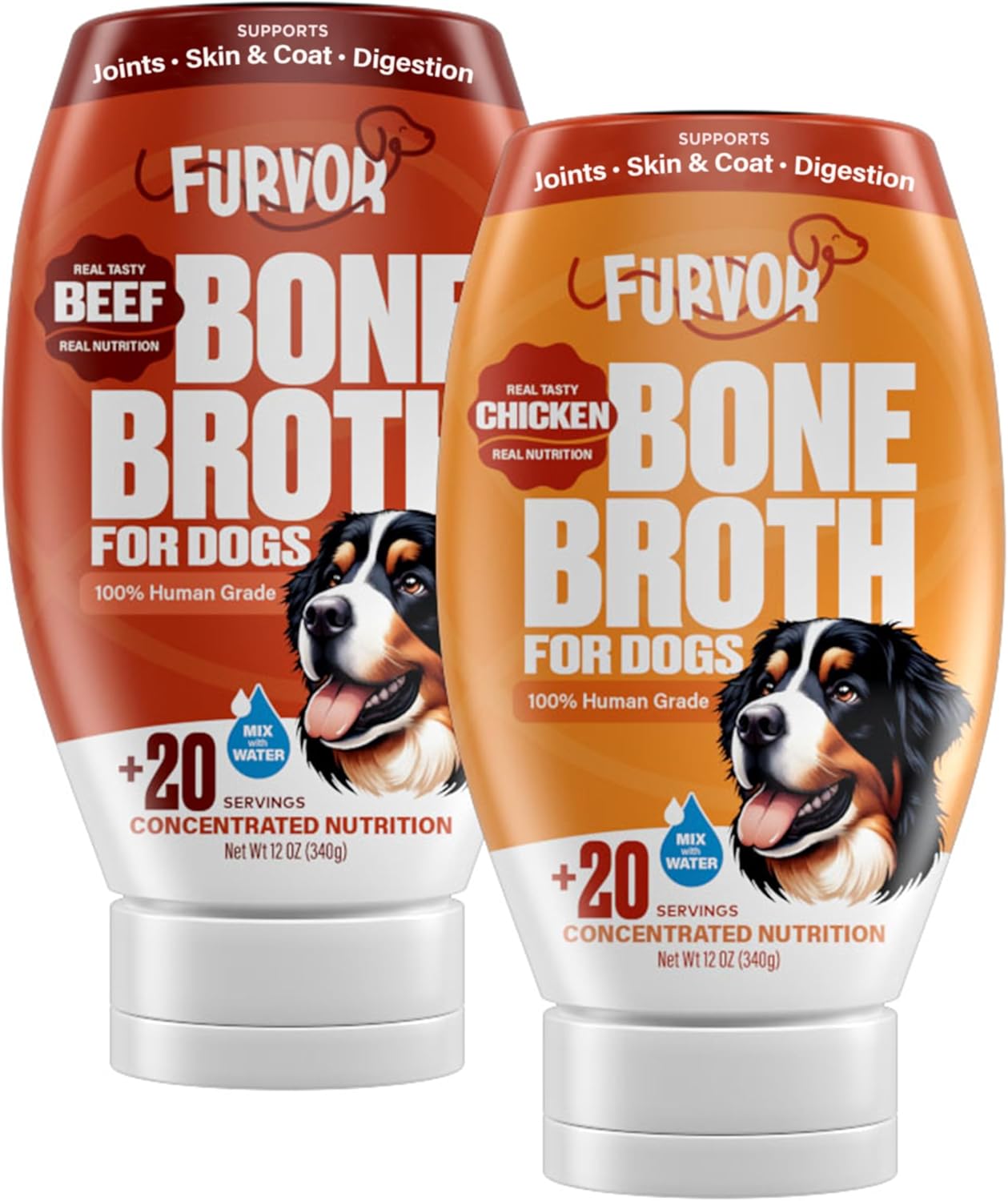 Beef & Chicken Bone Broth Concentrate for Dogs - Collagen Protein Supplement for Digestion, Mobility, Coat, Immune System, Joints - Healthy Dog Food Topper - Human Grade (2pk, 40 Servings)