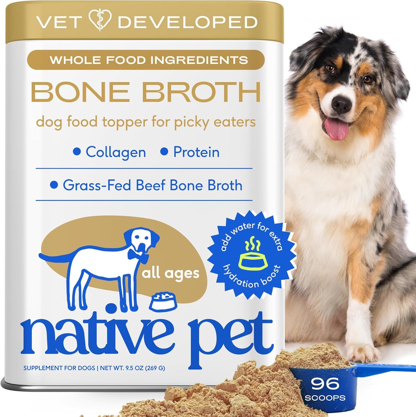 Native Pet Bone Broth for Dogs and Cats - Made with Real Beef Bone Broth, Dog Food Toppers for Picky Eaters - Provides Extra Hydration & Nutrition for Joint Strength, Immunity & Heart Health-96 Scoops