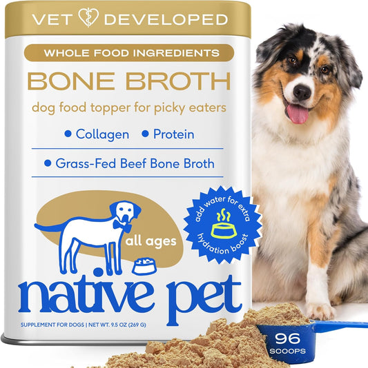 Native Pet Bone Broth for Dogs and Cats - Made with Real Beef Bone Broth, Dog Food Toppers for Picky Eaters - Provides Extra Hydration & Nutrition for Joint Strength, Immunity & Heart Health-96 Scoops