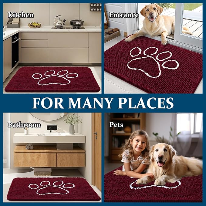 OLANLY Door Mat for Muddy Dog Paws 70x46, Ultra Absorbent Chenille Mud Doormat with Paw Print Design, Non-Slip Washable Doormat for Indoor Entryway, Quick-Dry Pet Bed Mats for Dirty Dogs, Burgundy