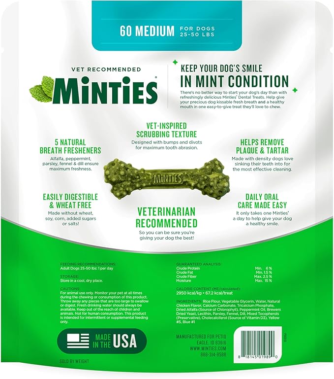 Minties Dental Chews for Dogs, 60 Count, Vet-Recommended Mint-Flavored Treats for Medium Dogs 25-50 lbs, Bones Clean Teeth, Fight Bad Breath, and Removes Plaque and Tartar