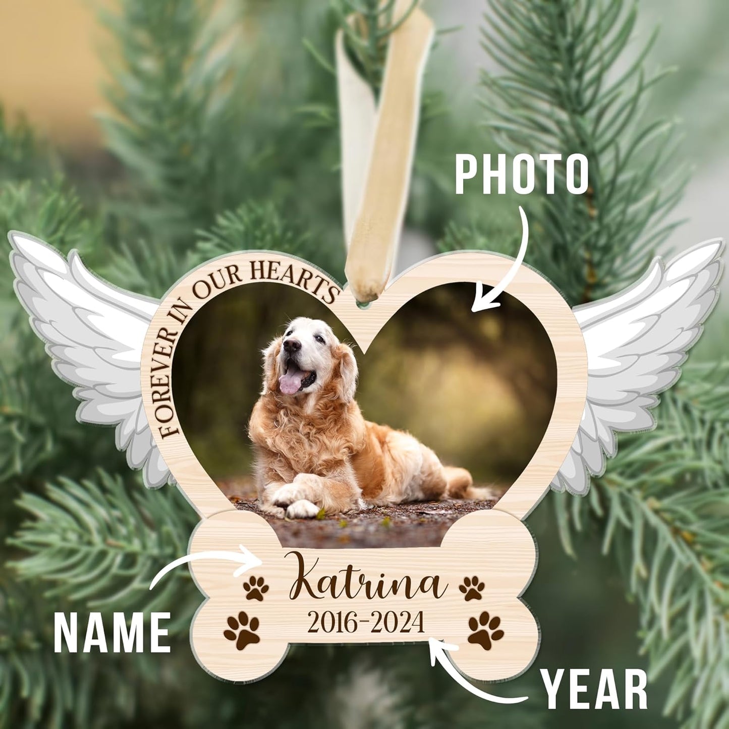 Personalized Wings Memorial Dog Christmas Ornaments - Forever in Our Hearts Acrylic Ornament for Your Loss Pet - Custom Photo, Name, Years (Wings Memorial Dog)