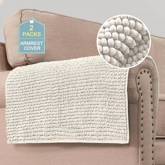 H.VERSAILTEX Plush Chenille Couch Armrest Cover 2 Packs Thick and Soft Sofa Covers Furniture Protector Cover for Pets (27.5" x 27.5", Ivory)